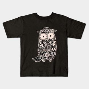 Black and White Folk Art Owl on Purple Kids T-Shirt